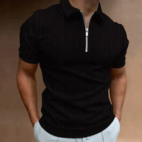 Sportliches Herren-Poloshirt mit Streifen und Reißverschluss – Schwarz