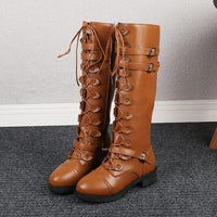 Damen Schnürstiefel Flach Vintage mit Schnallen im Steampunk-Stil – Hellbraun
