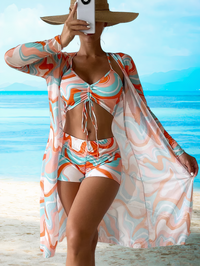 Vanessa | 3-teiliges Bikini-Set mit hoher Taille und Bademantel – Orange