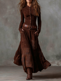 Eleza – Maxikleid Aus Kariertem Wildleder Mit Gürtel – Braun