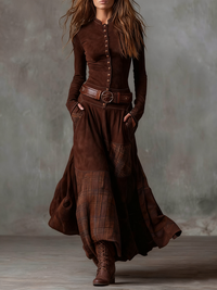 Clara | Vintage-Maxikleid mit langen Ärmeln – Braun