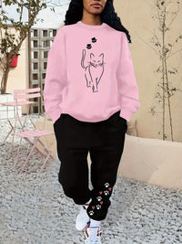 Kuscheliger Damen-Loungeanzug aus Baumwolle mit Katzenprint für Herbst und Winter – Rosa