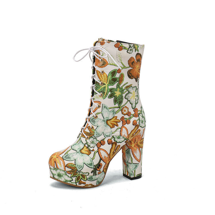 Blumige Damen Plateau Stiefel