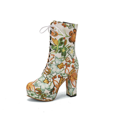 Blumige Damen Plateau Stiefel