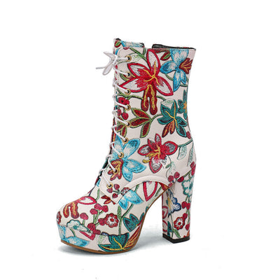 Blumige Damen Plateau Stiefel