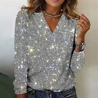 Damen Pailletten Glitzer Party Bluse Festlich – Silber