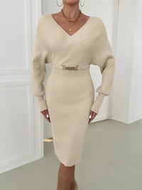 Damen Midikleid mit V-Ausschnitt und langen Ärmeln für Herbst und Winter – Beige