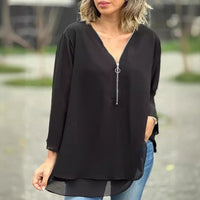 Elegantes Damen Chiffon-Top mit V-Ausschnitt und Reißverschluss – Schwarz