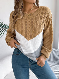 Damen Colorblock Pullover mit Rundhals | Casual Strick – Khaki