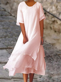 Damen Sommerkleid mit Doppellagen - Kurze Ärmel und Rundhalsausschnitt – Rosa