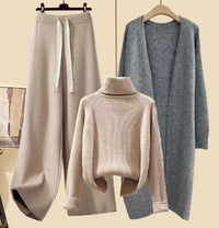 Ruby - Lazy Style Dreiteiliges Set – Aprikosenfarbener Pullover Aprikosenfarbene Hose und grauer Blazer