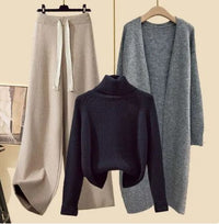 Ruby - Lazy Style Dreiteiliges Set – Schwarzer Pullover Apricotfarbene Hose und grauer Blazer