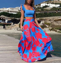 Damen Zweiteiler Bedruckt Maxi Sommerkleid – Rot