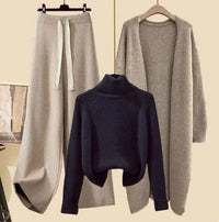 Ruby - Lazy Style Dreiteiliges Set – Schwarz Pullover Aprikosenfarbene Hose und Aprikosenfarbener Blazer