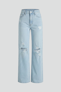 NOVA - Hoch geschnittene, distressed Weite Hose Jeans mit gerissenem Knie-Detail – Hellblau