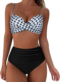 Bella | Hochtaillierter, farbenfroher Damen-Bikini – Schwarz - Weiß