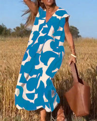 Miriam | Bedrucktes Maxikleid mit V-Ausschnitt – Blau