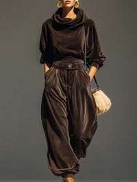 Sophia™ - Vintage brauner Samt-Hoodie und lockere Hose Set (Inklusive Gürtel) – Braun