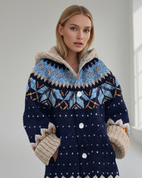 Damen Strickjacke mit Kapuze und Knöpfen - lang – Blau