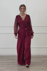 Meira - Overall Mit Langen Ärmeln Und Verzierungen Aus Mesh – Bordeaux