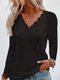 Shaleva - Stylisches Langarm Shirt Mit Spitzen V-Ausschnitt – Schwarz