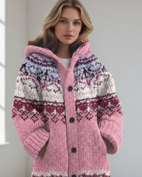 Damen Strickjacke mit Kapuze und Knöpfen - lang – Rosa