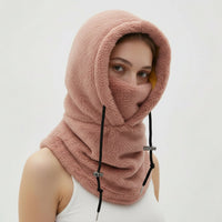Winter Sturmhaube mit Kapuze und Nackenschutz aus Fleece – Rosa