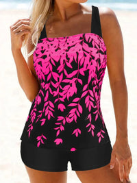 Heidi-Mode | Hochtaillierter Tankini mit Blattdruck – Schwarz Rosa