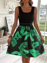 Aveline | Tropical Print Spitzen-Nähte Tank-Kleid – Schwarz+Grün