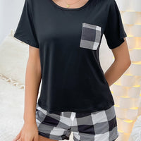 Sommer Damen-Pyjama mit Karomuster im lässigen Stil - Set aus T-Shirt und Shorts für zu Hause – Weiß