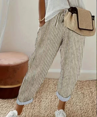Nathalie | Damen Gestreifte Weite Hose – Khaki