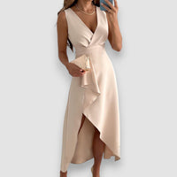 Evelin | V-Ausschnitt Wickelkleid mit Schlitz – Beige