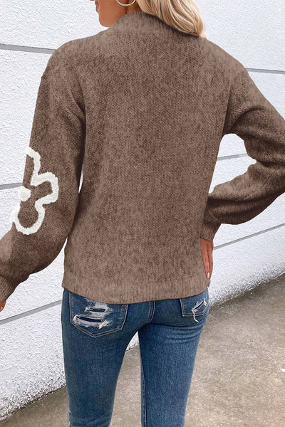 Arlette | Klassischer Damen-Pullover mit hohem Reißverschlusskragen und floralem Strickmuster