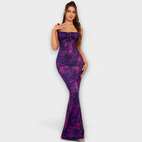Thalia - Floral Print Prom Dress with Tied Shoulder Straps – Dunkellila