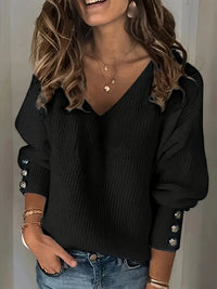 Carlotta – Eleganter Langärmelig Gerippt Pullover – Schwarz