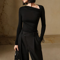 Selina - Figurbetontes Langarmshirt mit Struktur – Schwarz