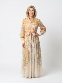 Adelheid | Damen Blumen Maxikleid mit Langarm – Gelb