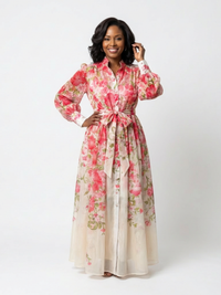 Adelheid | Damen Blumen Maxikleid mit Langarm – Rot