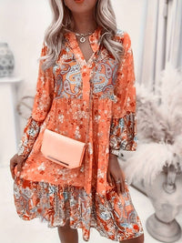 Adelheid | Damen Blumenmuster V-Ausschnitt Langarm Midi Kleid – Orange