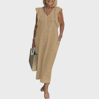 Adelina | Damen Ärmellos V-Ausschnitt Maxi Kleid – Khaki