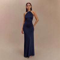 Adrianna | Damen Maxi-Halterkleid Fließend Elegant – Dunkelblau