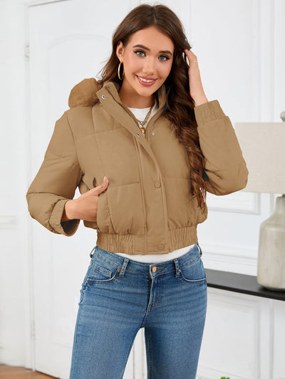 Zaviana | Damen wintermantel mit kapuze, taschen und langen ärmeln im cropped design