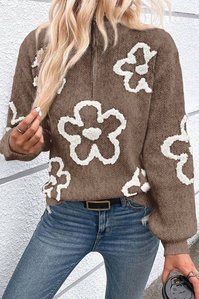 Arlette | Klassischer Damen-Pullover mit hohem Reißverschlusskragen und floralem Strickmuster