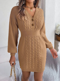 Romy | Damen Strickkleid elegant langärmlig & mit Knöpfen – Braun