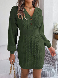 Romy | Damen Strickkleid elegant langärmlig & mit Knöpfen – Grün