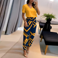 Cressida - Modisches Blusen- und Hosenoutfit-Set – Gelb Blau Druck