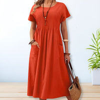 Cornelia | Damen Midi Tageskleid Lockere Passform Kurzarm – Casual Midi Kleid 2026 – Orange