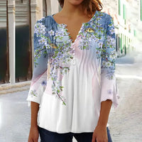 Almut | Damen Langarmbluse Blumenprint V-Ausschnitt – Hellblau