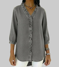 Amalia | Damen Rüschen V-Ausschnitt Bluse – Grau