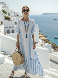 Amelia | Damen Gestreiftes Kurzärmeliges Maxikleid – Blau